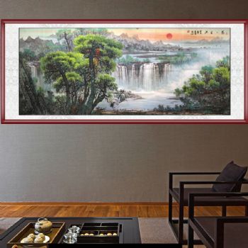 山水画 手绘 手工 国画 蒸蒸日上 典雅红褐实木框