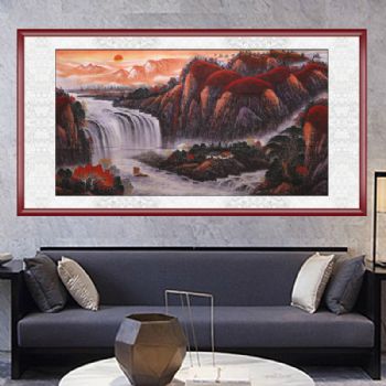 手绘 手工 山水画 鸿运当头一帆风顺 典雅红褐实木框