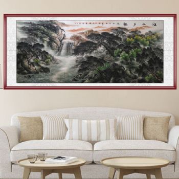 手绘 手工 江山如此多娇 国画 典雅红褐实木框 山水画