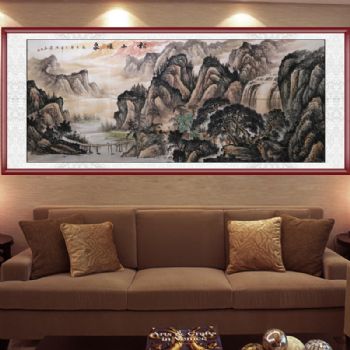 山水画 家庭挂画 酒店挂画 企业挂画 著名艺术家洪飞 手绘 手工 国画 松山鸣泉 典雅红褐实木框