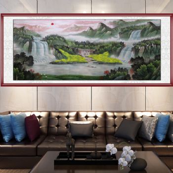 山水画 国画山水 聚宝盆 典雅红褐实木框