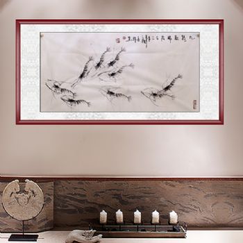 手绘 手工 国画 九龙献瑞 典雅红褐实木框