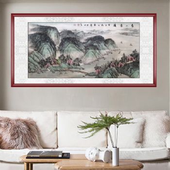 山水画手绘 手工 春山飞瀑 国画 典雅红褐实木框