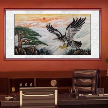 手绘 花鸟画 国画 雄鹰 迎客松 典雅红褐实木框