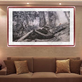 丛林大雪与小鹿 纯手绘手工 国画  典雅红褐实木框 手绘 手工 动物画