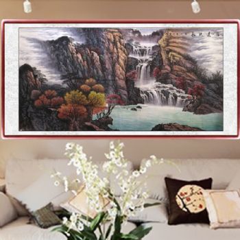 手绘 手工 山水画 源远长流 国画 典雅红褐实木框