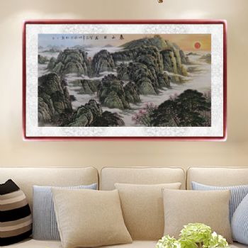 手绘山水画 国画 泰山日出 典雅红褐实木框