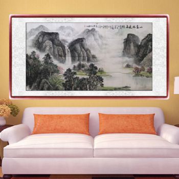 山水画 手绘 手工 国画 山高水更长 家庭挂画 酒店挂画 企业挂画 典雅红褐实木框