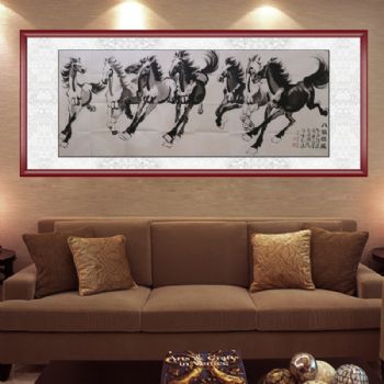 手绘 动物画 国画 八骏雄风 马 家庭挂画 酒店挂画 企业挂画 典雅红褐实木框