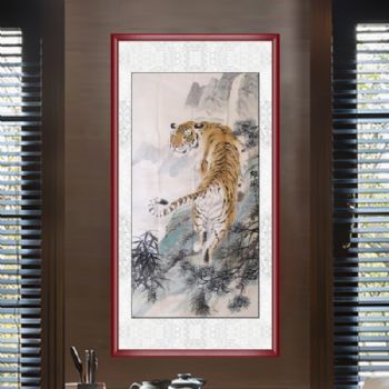 名家 手绘 动物画 国画 国画虎 雄风 家庭挂画 酒店挂画 企业挂画 典雅红褐实木框