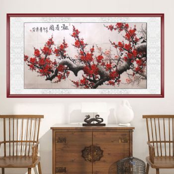 国画 报春图 梅花 手绘 手工  典雅红褐实木框