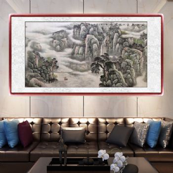 手绘 手工 国画 峡江行舟一帆风顺 典雅红褐实木框 家庭挂画 山水画 酒店挂画 企业挂画