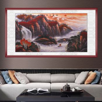 手绘 手工 国画 鸿运当头好运连连 山水画 典雅红褐实木框