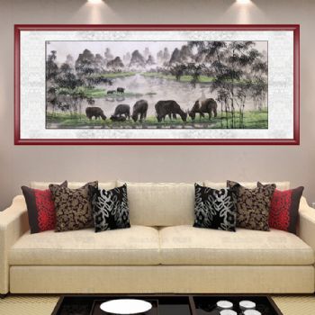 手绘 动物画 国画 水牛 山水 小孩 典雅红褐实木框