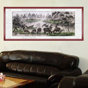 手绘 动物画 国画 水牛 山水  典雅红褐实木框