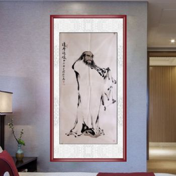 余信 手绘 人物画 国画 达摩像 典雅红褐实木框