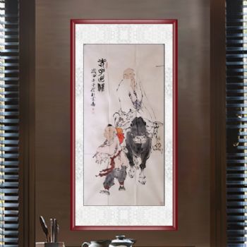 手绘 人物画 国画 老子出关图 有老有少 典雅红褐实木框