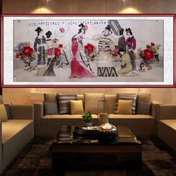 人物画 手工 贵妃回眸一笑百媚生 国画 典雅红褐实木框