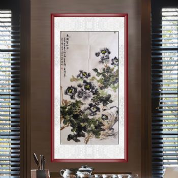 手绘 手工 花开富贵 国画 典雅红褐实木框 国画牡丹