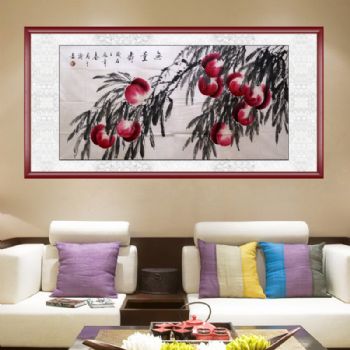 手绘 手工 无量寿桃 国画 典雅红褐实木框