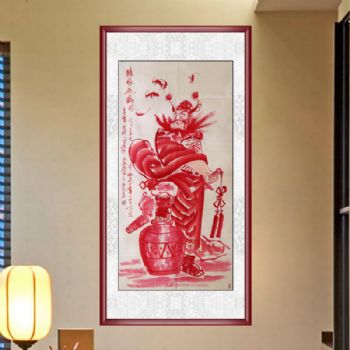 沈州 手绘 手工 钟馗迎福 国画 典雅红褐实木框 人物画