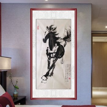 骏马奔驰 手绘 动物画 国画 家庭挂画 酒店挂画 企业挂画 典雅红褐实木框