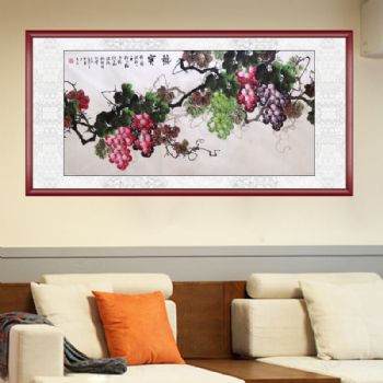 胡贤勇 手绘 手工 国画 紫的 红的 青的 葡萄 多子多福 典雅红褐实木框