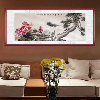 国画牡丹 手绘 手工 国画 富贵长春 典雅红褐实木框