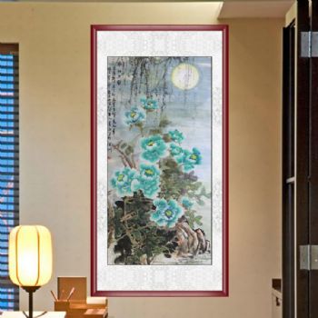 手绘 手工 国画牡丹 圆月 典雅红褐实木框