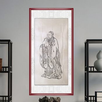 手绘 人物画 孔子 国画 典雅红褐实木框
