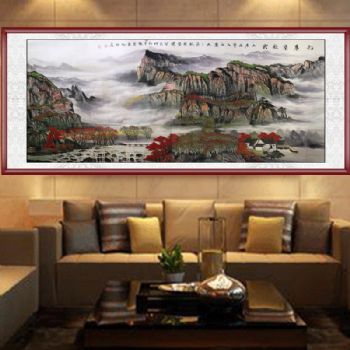 著名画家 手绘 手工 国画 山水国画 红叶秋箱 泰山 溪水 山水画  典雅红褐实木框