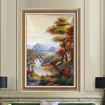 风景油画，有山，有水，有树，红色 线条框