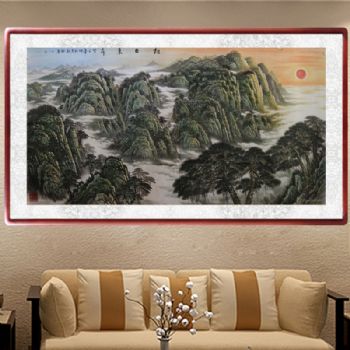 山水画  山水国画 旭日东升 泰山 日出 典雅红褐实木框 手绘 手工 国画