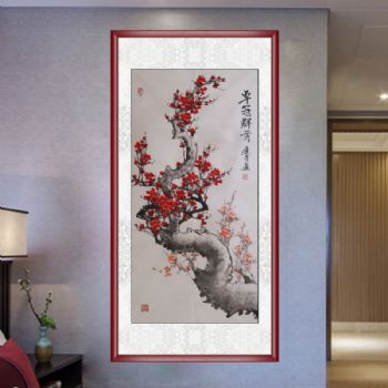 手绘 手工卓冠群芳 梅花 国画 典雅红褐实木框