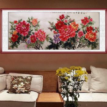 王骏 手绘 手工 花开富贵 国画牡丹 典雅红褐实木框