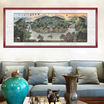 手绘 手工 国画 山水国画 财源广进 小六尺(180*68cm)  典雅红褐实木框 山水画