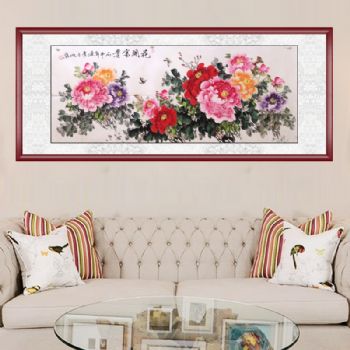 花鸟画 花开富贵 国画牡丹 手绘 手工 国画 典雅红褐实木框