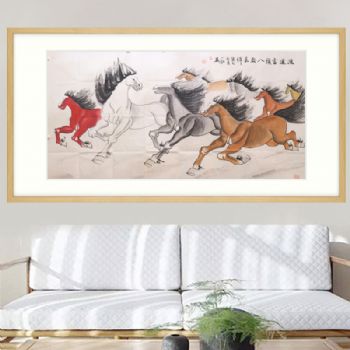家庭挂画 酒店挂画 动物画 企业挂画 鸿运当头八骏图 手绘 手工 国画 典雅红褐实木框