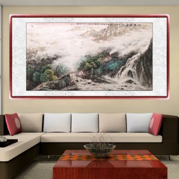 风景山水画 家庭挂画 酒店挂画 企业挂画 山寨雄姿  典雅红褐实木框 手绘 手工 国画