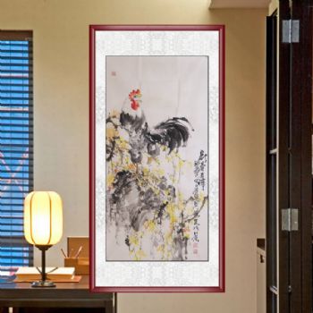 新春吉祥 大公鸡 手绘 手工 国画 典雅红褐实木框