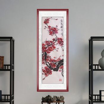 花鸟画 卓冠群芳 梅花手绘 手工 国画 典雅红褐实木框