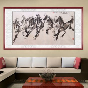 八骏雄风 动物画 手绘 手工 国画 典雅红褐实木框 家庭挂画 酒店挂画 企业挂画