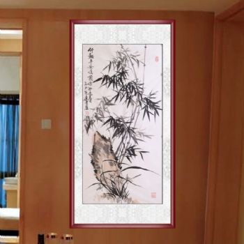 竹报平安 如意笋 手绘 手工 国画 典雅红褐实木框