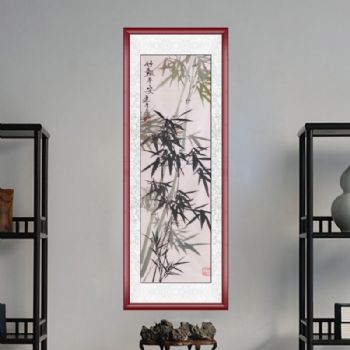 花鸟画 竹报平安 手绘 手工 国画 典雅红褐实木框