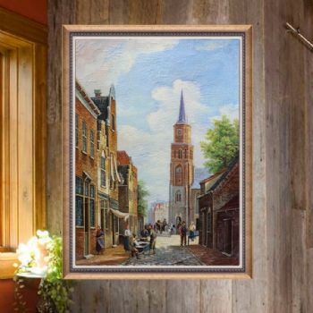 欧式经典 裂纹麻布油画 欧洲生活场景与建筑 线条框