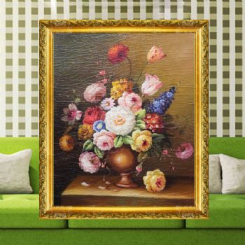 独家裂纹麻布油画 纯手绘手工 花朵盘景A3 线条框