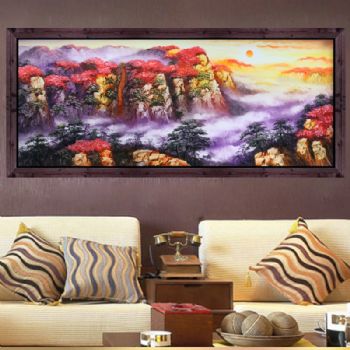 纯手绘手工 山水刀笔画 鸿运当山水画 实木线条框 客厅办公室挂画