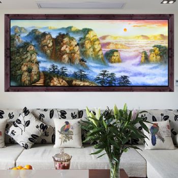 实力画家精品山水刀笔画纯手绘手工日出泰山图家庭挂画酒店挂画企业挂画