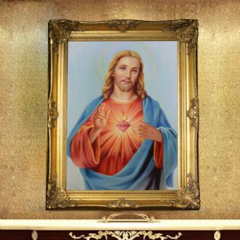 神父宗教油画欧式经典油画纯手绘手工圣父角花框实木框