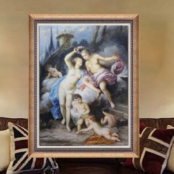 欧式经典油画 纯手绘手工 儿童与两裸女 线条框